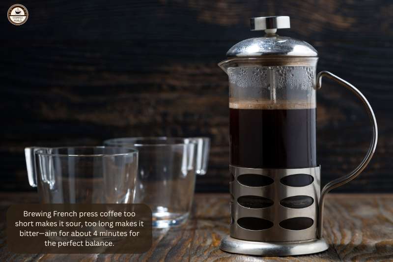 Brewing French press coffee too short makes it sour, too long makes it bitter—aim for about 4 minutes for the perfect balance.
