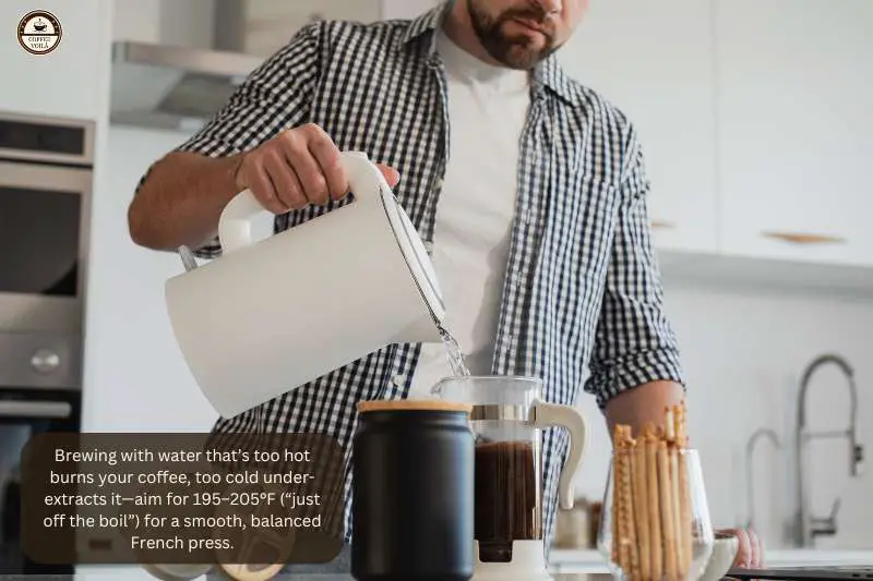 Brewing with water that’s too hot burns your coffee, too cold under-extracts it—aim for 195–205°F (“just off the boil”) for a smooth, balanced French press.