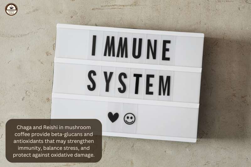 Chaga and Reishi in mushroom coffee provide beta-glucans and antioxidants that may strengthen immunity, balance stress, and protect against oxidative damage.