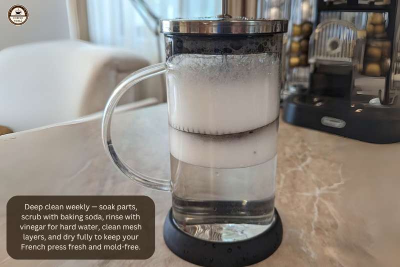 Deep clean weekly — soak parts, scrub with baking soda, rinse with vinegar for hard water, clean mesh layers, and dry fully to keep your French press fresh and mold-free.