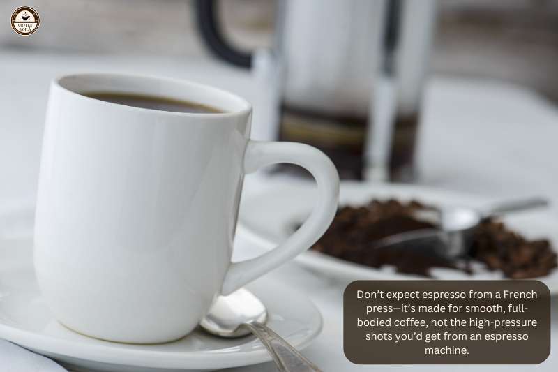 Don’t expect espresso from a French press—it’s made for smooth, full-bodied coffee, not the high-pressure shots you’d get from an espresso machine.