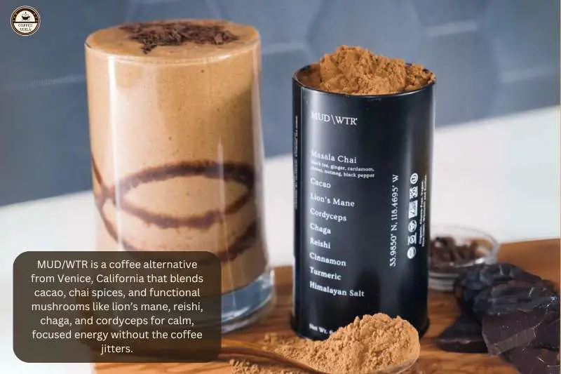 MUD/WTR is a coffee alternative from Venice, California that blends cacao, chai spices, and functional mushrooms like lion’s mane, reishi, chaga, and cordyceps for calm, focused energy without the coffee jitters.