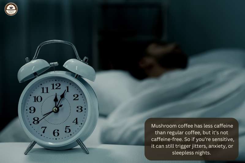 Mushroom coffee has less caffeine than regular coffee, but it’s not caffeine-free. So if you’re sensitive, it can still trigger jitters, anxiety, or sleepless nights.