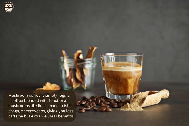 Mushroom coffee is simply regular coffee blended with functional mushrooms like lion’s mane, reishi, chaga, or cordyceps, giving you less caffeine but extra wellness benefits.