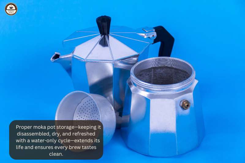 Proper moka pot storage—keeping it disassembled, dry, and refreshed with a water-only cycle—extends its life and ensures every brew tastes clean.