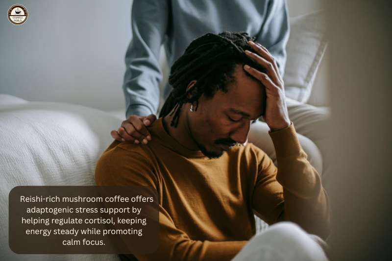 Reishi-rich mushroom coffee offers adaptogenic stress support by helping regulate cortisol, keeping energy steady while promoting calm focus.