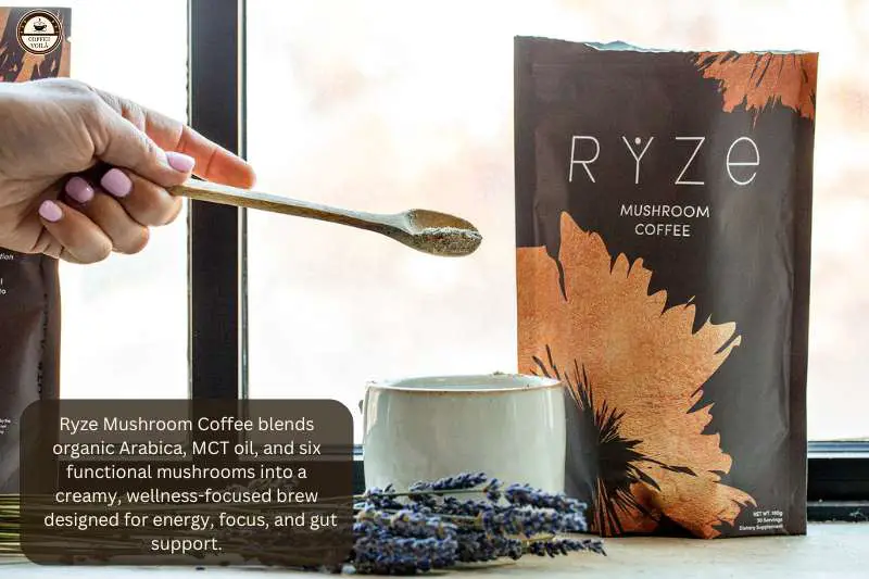 Ryze Mushroom Coffee blends organic Arabica, MCT oil, and six functional mushrooms into a creamy, wellness-focused brew designed for energy, focus, and gut support.