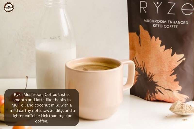 Ryze Mushroom Coffee tastes smooth and latte-like thanks to MCT oil and coconut milk, with a mild earthy note, low acidity, and a lighter caffeine kick than regular coffee.