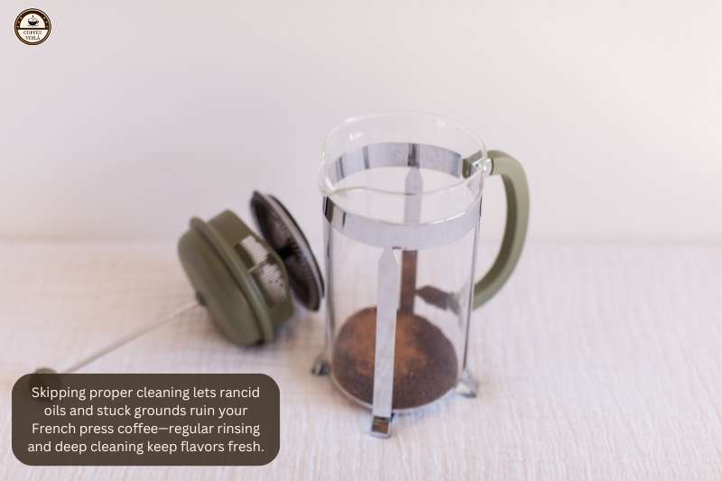 Skipping proper cleaning lets rancid oils and stuck grounds ruin your French press coffee—regular rinsing and deep cleaning keep flavors fresh.