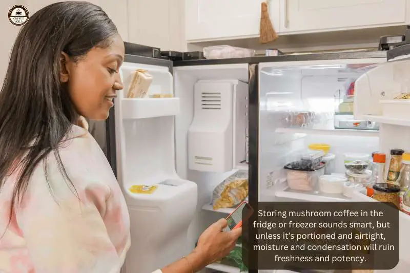 Storing mushroom coffee in the fridge or freezer sounds smart, but unless it’s portioned and airtight, moisture and condensation will ruin freshness and potency.