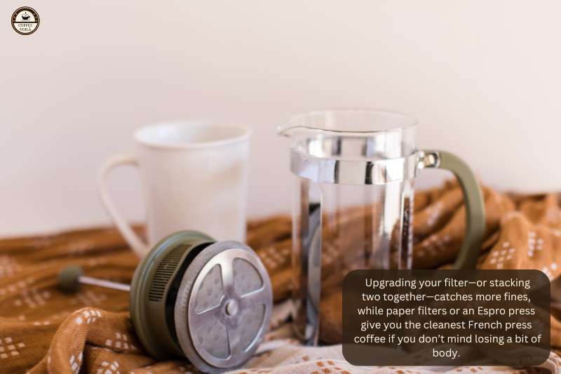  Upgrading your filter—or stacking two together—catches more fines, while paper filters or an Espro press give you the cleanest French press coffee if you don’t mind losing a bit of body.