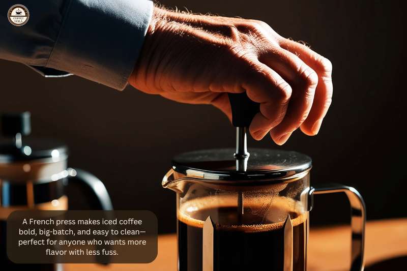 A French press makes iced coffee bold, big-batch, and easy to clean—perfect for anyone who wants more flavor with less fuss.
