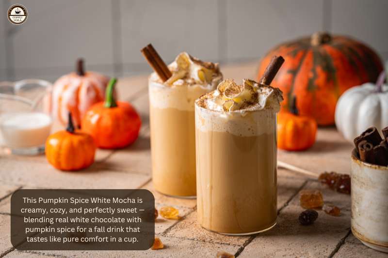 This Pumpkin Spice White Mocha is creamy, cozy, and perfectly sweet — blending real white chocolate with pumpkin spice for a fall drink that tastes like pure comfort in a cup.