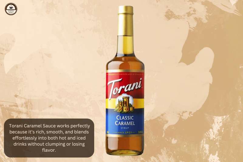 Torani Caramel Sauce works perfectly because it’s rich, smooth, and blends effortlessly into both hot and iced drinks without clumping or losing flavor.