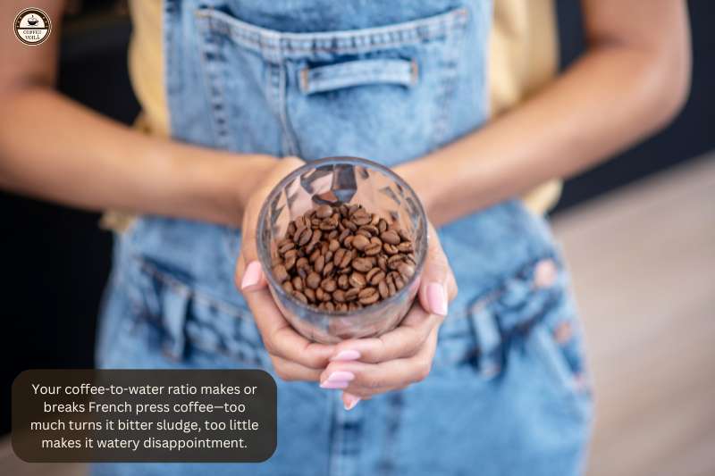 Your coffee-to-water ratio makes or breaks French press coffee—too much turns it bitter sludge, too little makes it watery disappointment.