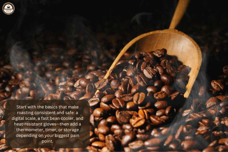 Start with the basics that make roasting consistent and safe: a digital scale, a fast bean cooler, and heat-resistant gloves—then add a thermometer, timer, or storage depending on your biggest pain point.