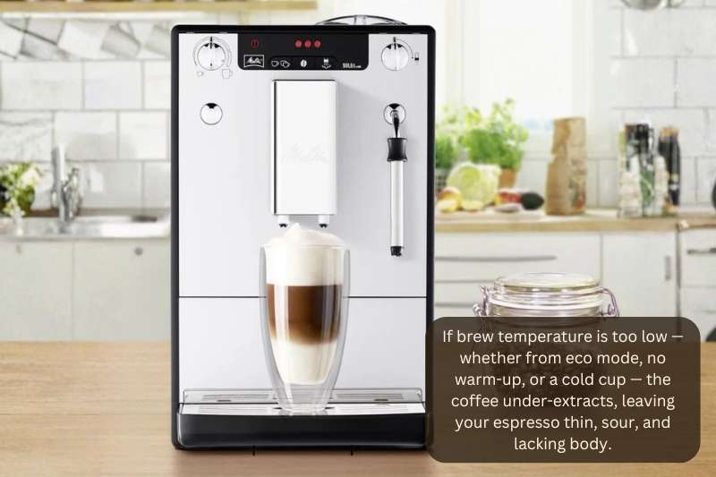 If brew temperature is too low — whether from eco mode, no warm-up, or a cold cup — the coffee under-extracts, leaving your espresso thin, sour, and lacking body.
