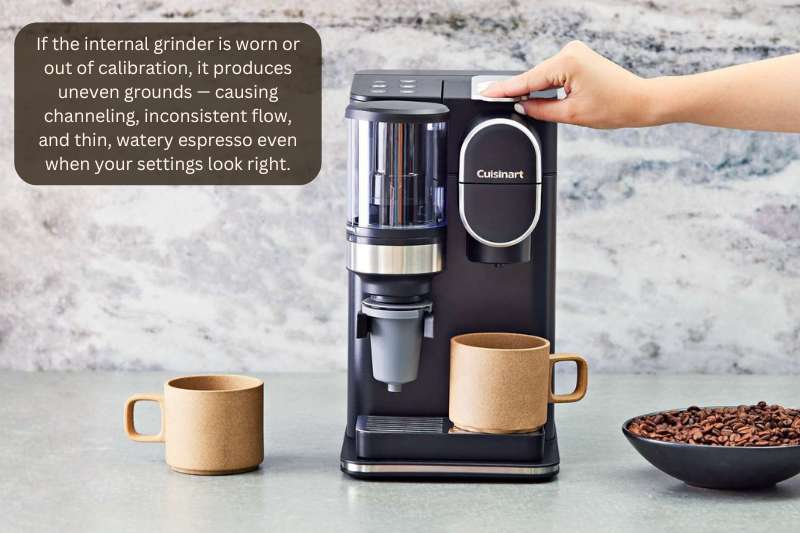 If the internal grinder is worn or out of calibration, it produces uneven grounds — causing channeling, inconsistent flow, and thin, watery espresso even when your settings look right.