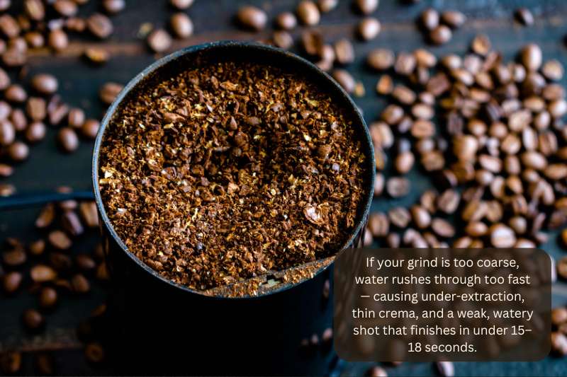 If your grind is too coarse, water rushes through too fast — causing under-extraction, thin crema, and a weak, watery shot that finishes in under 15–18 seconds.