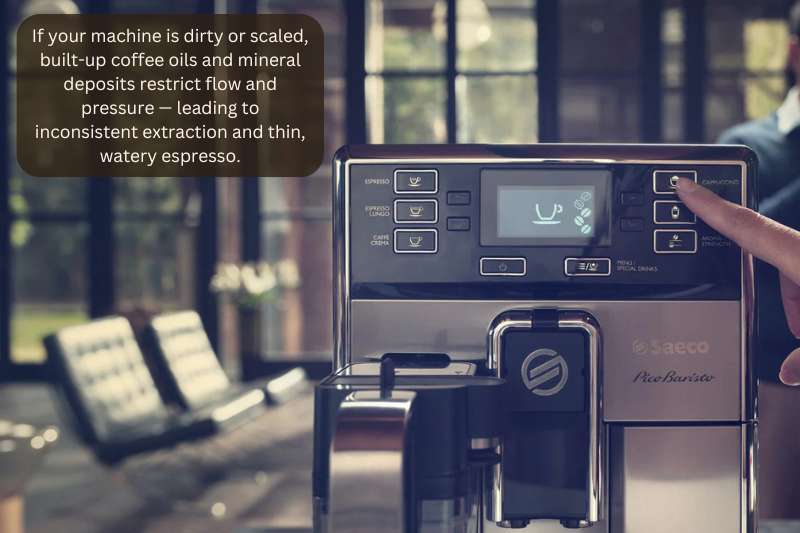 If your machine is dirty or scaled, built-up coffee oils and mineral deposits restrict flow and pressure — leading to inconsistent extraction and thin, watery espresso.