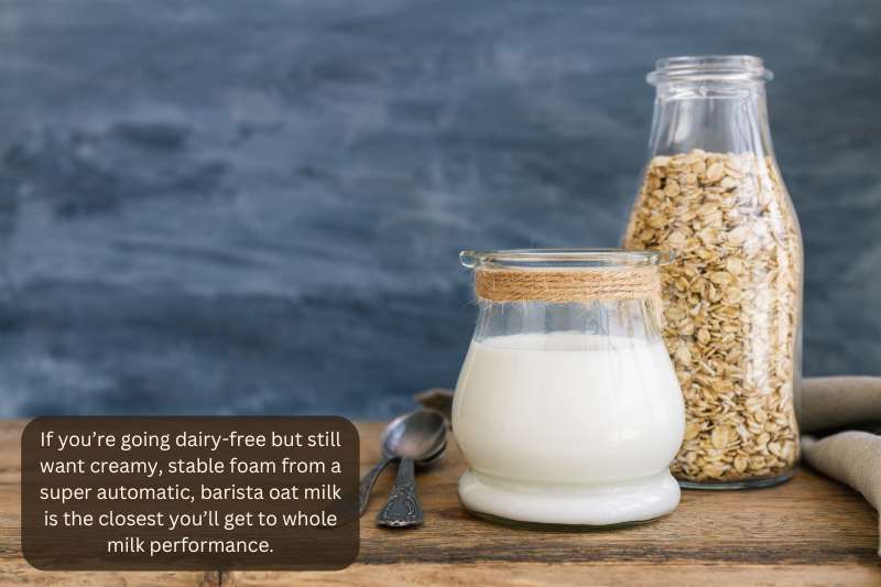If you’re going dairy-free but still want creamy, stable foam from a super automatic, barista oat milk is the closest you’ll get to whole milk performance.