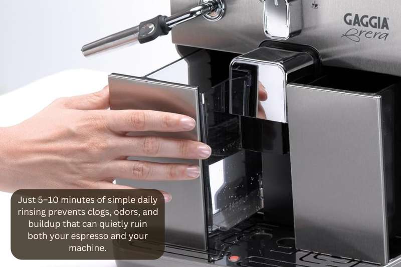 Just 5–10 minutes of simple daily rinsing prevents clogs, odors, and buildup that can quietly ruin both your espresso and your machine.