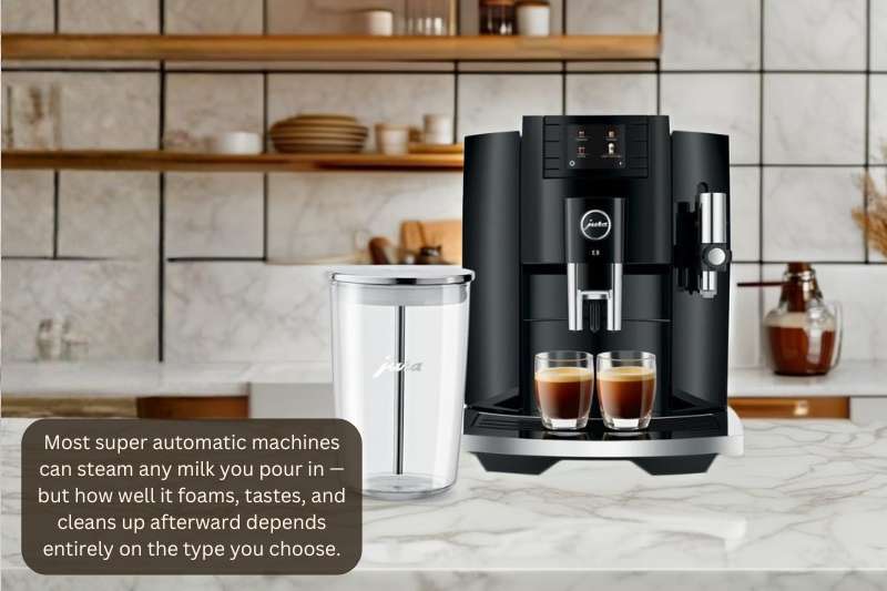 Most super automatic machines can steam any milk you pour in — but how well it foams, tastes, and cleans up afterward depends entirely on the type you choose.