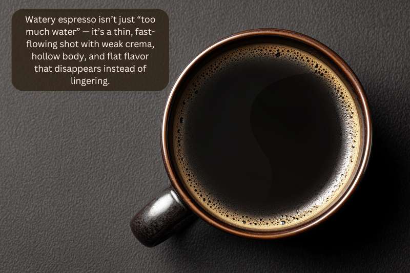 Watery espresso isn’t just “too much water” — it’s a thin, fast-flowing shot with weak crema, hollow body, and flat flavor that disappears instead of lingering.
