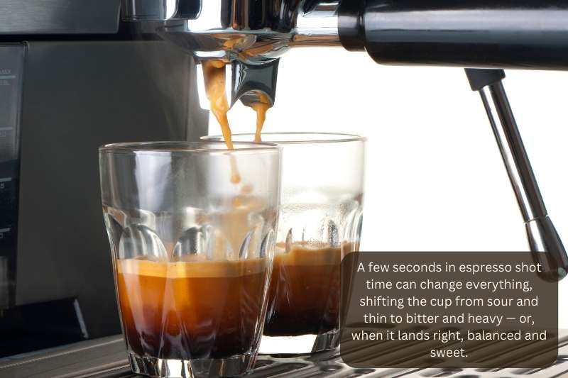 A few seconds in espresso shot time can change everything, shifting the cup from sour and thin to bitter and heavy — or, when it lands right, balanced and sweet.
