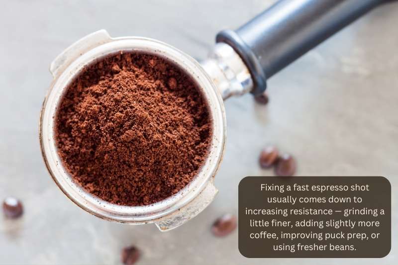 Fixing a fast espresso shot usually comes down to increasing resistance — grinding a little finer, adding slightly more coffee, improving puck prep, or using fresher beans.