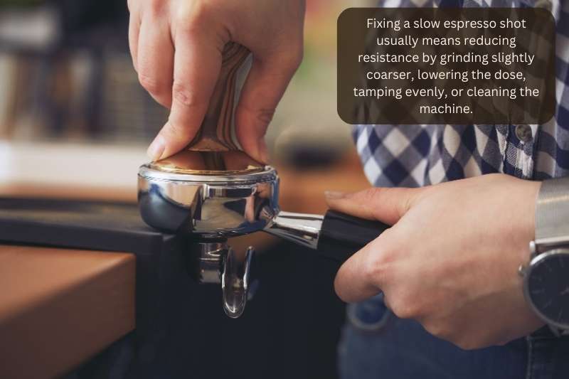 Fixing a slow espresso shot usually means reducing resistance by grinding slightly coarser, lowering the dose, tamping evenly, or cleaning the machine.