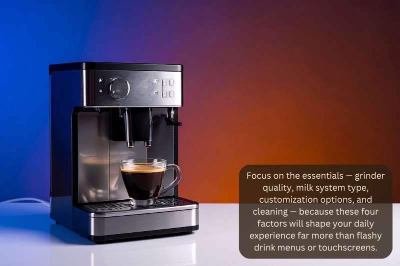 Focus on the essentials — grinder quality, milk system type, customization options, and cleaning — because these four factors will shape your daily experience far more than flashy drink menus or touchscreens.