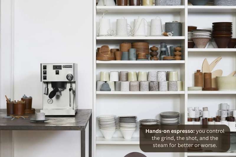 Hands-on espresso: you control the grind, the shot, and the steam — for better or worse.