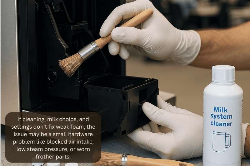 If cleaning, milk choice, and settings don’t fix weak foam, the issue may be a small hardware problem like blocked air intake, low steam pressure, or worn frother parts.