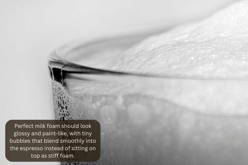 Perfect milk foam should look glossy and paint-like, with tiny bubbles that blend smoothly into the espresso instead of sitting on top as stiff foam.