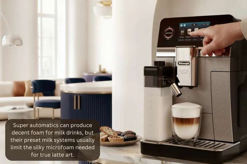 Super automatics can produce decent foam for milk drinks, but their preset milk systems usually limit the silky microfoam needed for true latte art.