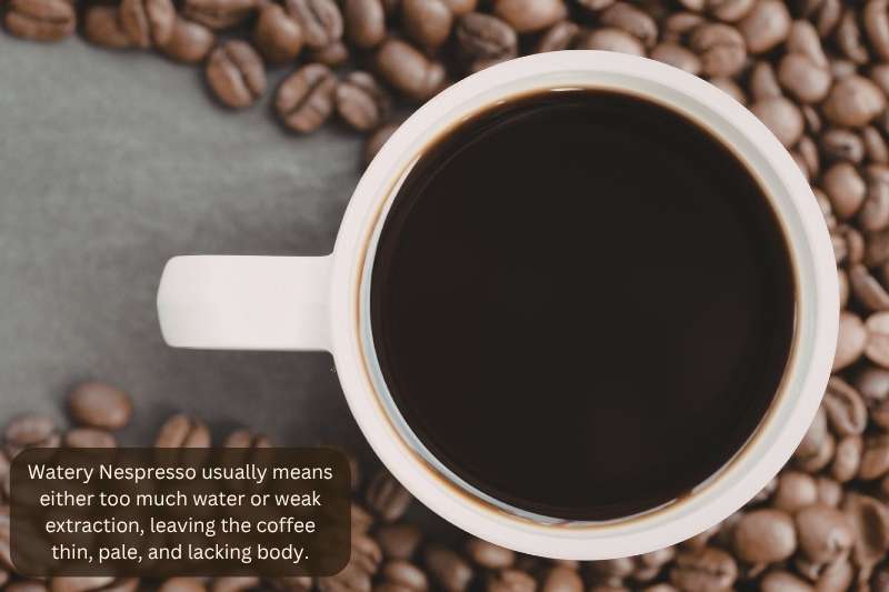 Watery Nespresso usually means either too much water or weak extraction, leaving the coffee thin, pale, and lacking body.