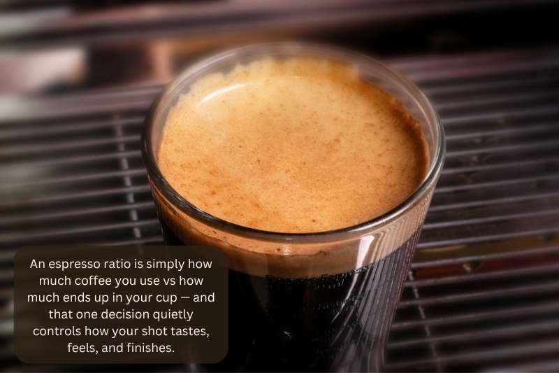 An espresso ratio is simply how much coffee you use vs how much ends up in your cup — and that one decision quietly controls how your shot tastes, feels, and finishes.