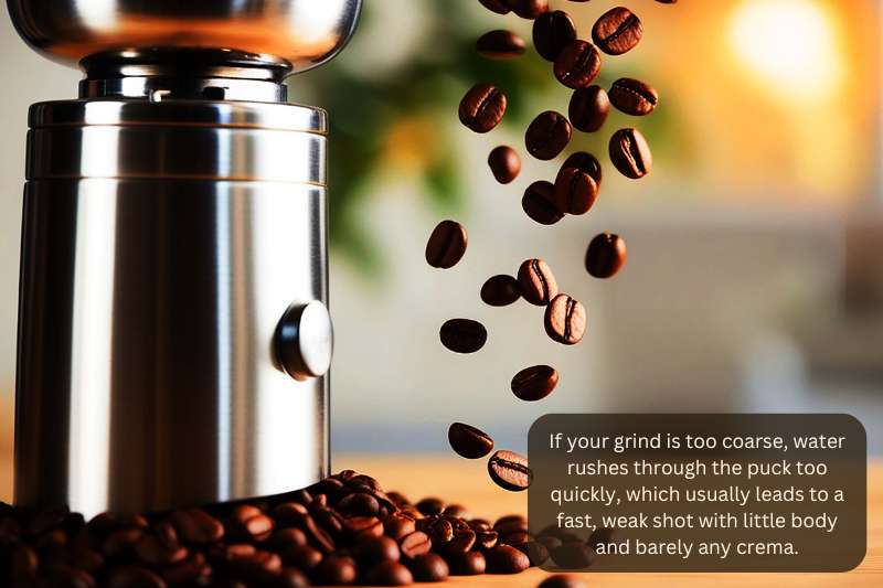 If your grind is too coarse, water rushes through the puck too quickly, which usually leads to a fast, weak shot with little body and barely any crema.