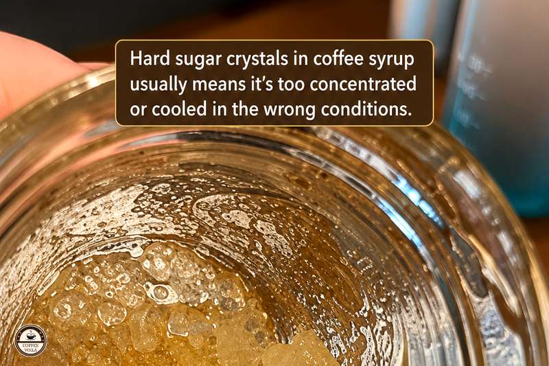 hard sugar crystals in coffee syrup usually means it's too concentrated or cooled in the wrong conditions