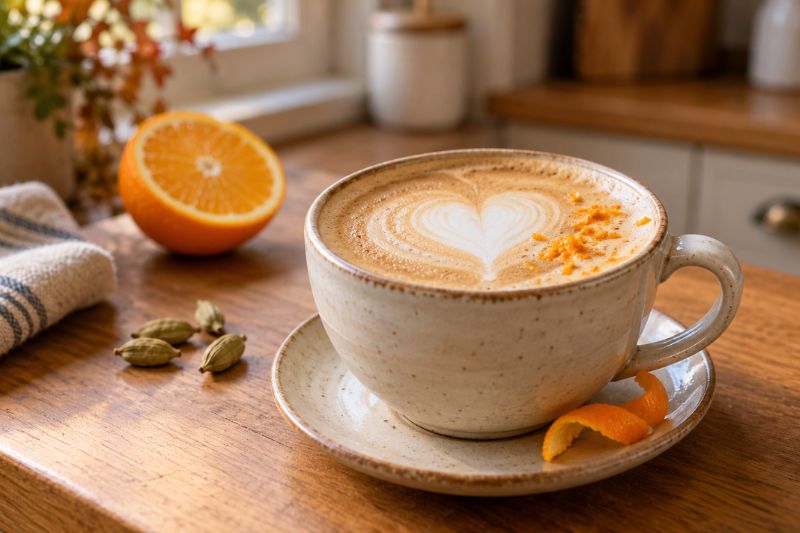 Creamy orange cardamom latte with heart-shaped foam, fresh orange zest, and green cardamom pods in a warm home kitchen.