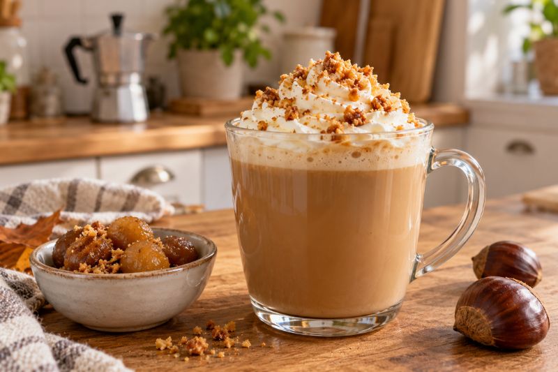 Homemade chestnut praline latte topped with whipped cream and crunchy praline crumbs in a cozy kitchen.
