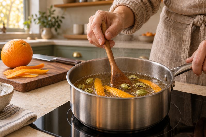 Simmering orange cardamom syrup