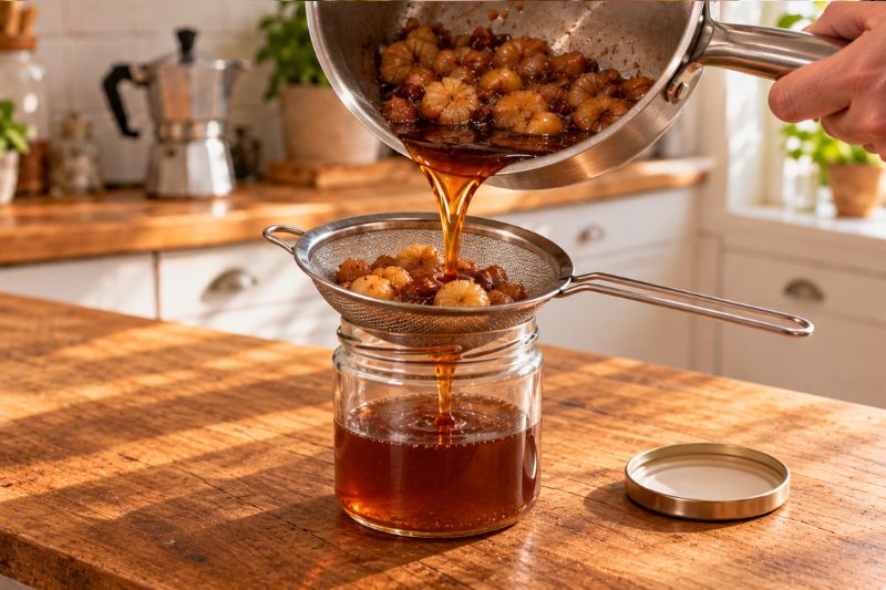 Strain and Store Chestnuts for Praline Syrup