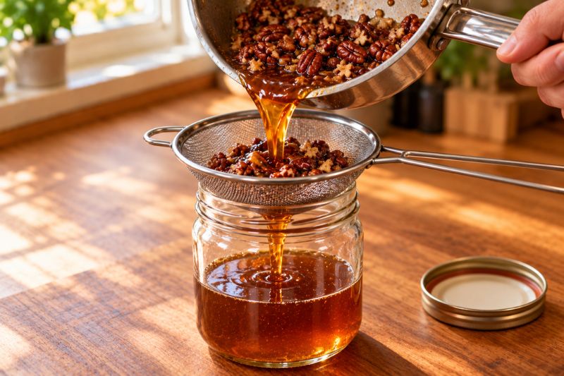 Straining Pecan Syrup into a Jar