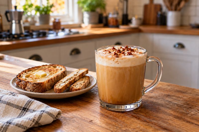 fall coffee drinks at home Pecan pie latte with toast and biscotti