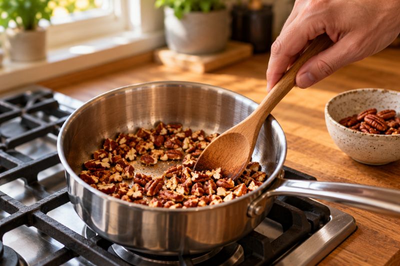 toasting pecans in a pan preparing the syrup